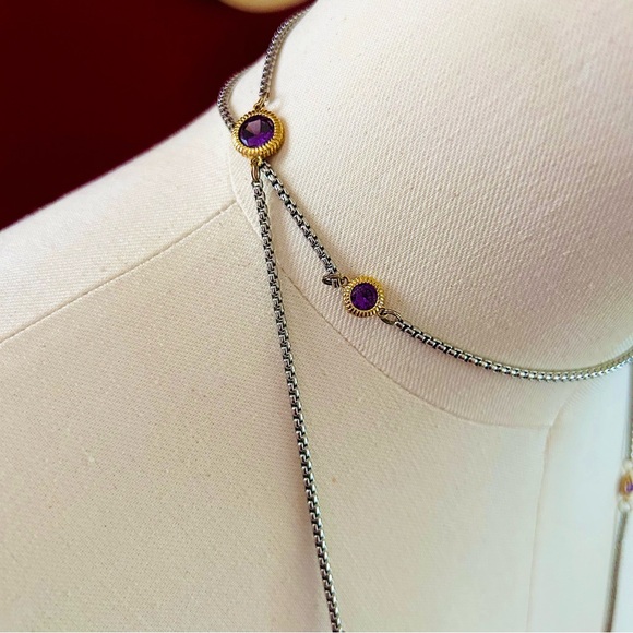 Vintage Bezel-Set Amethyst Crystal X-Long 55" Gold Plated & 926 Silver Necklace - Picture 9 of 14